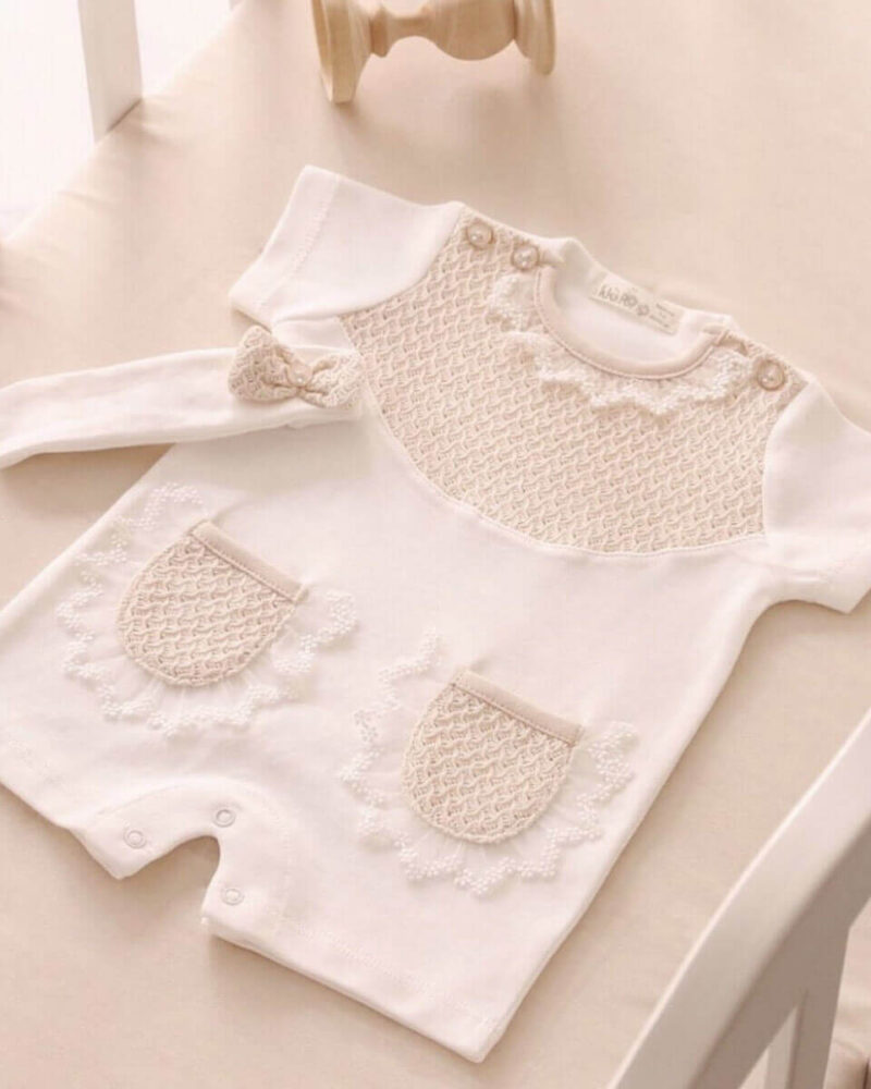 Beyaz Bej Dantelli Bebek Body Takım 2'li - Kız 3-6 Ay