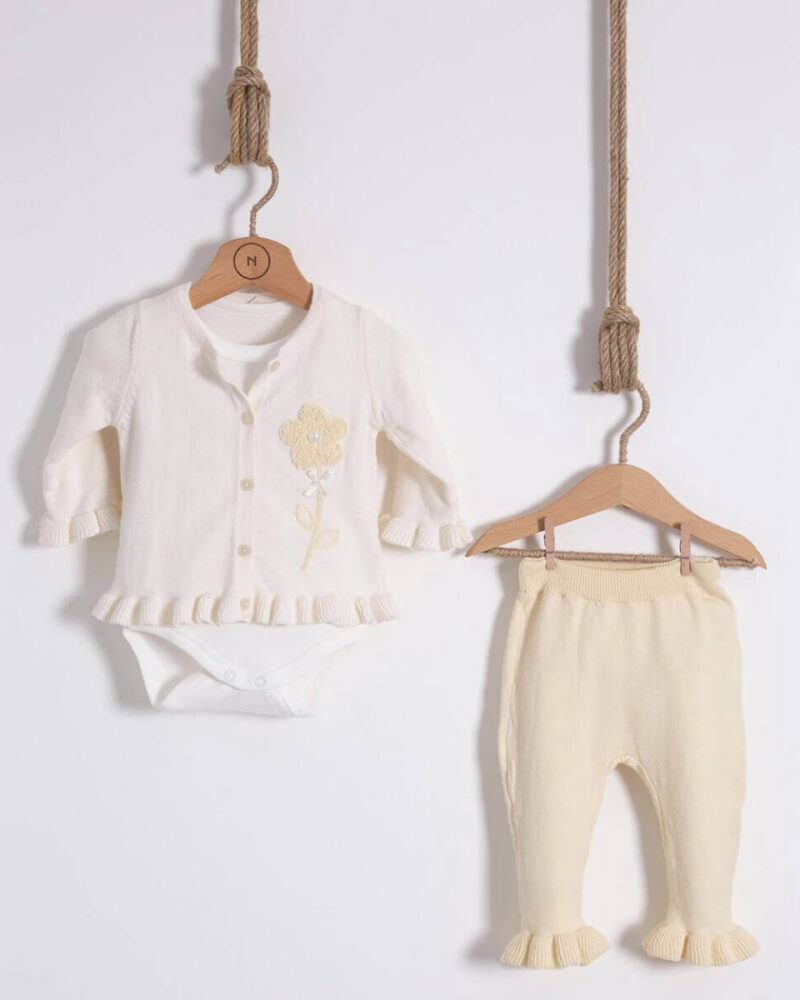 Beyaz Sarı Gül Desenli Bebek Alt Üst Body Takım 3'lü - Kız 6-12 Ay